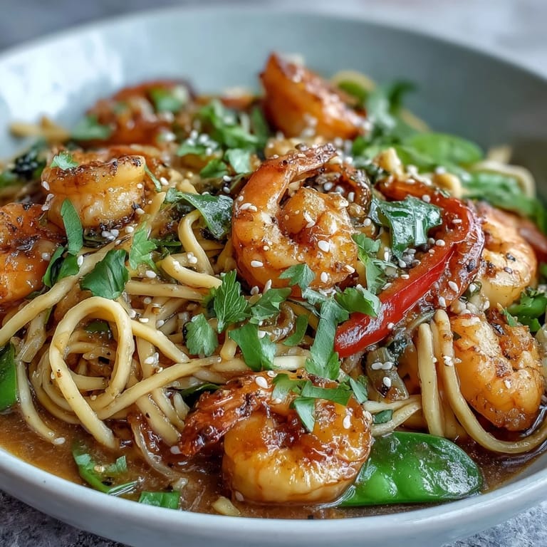 A close-up of a steaming Asian Noodle Bowl with Shrimp and Scallops, garnished with lime and cilantro.