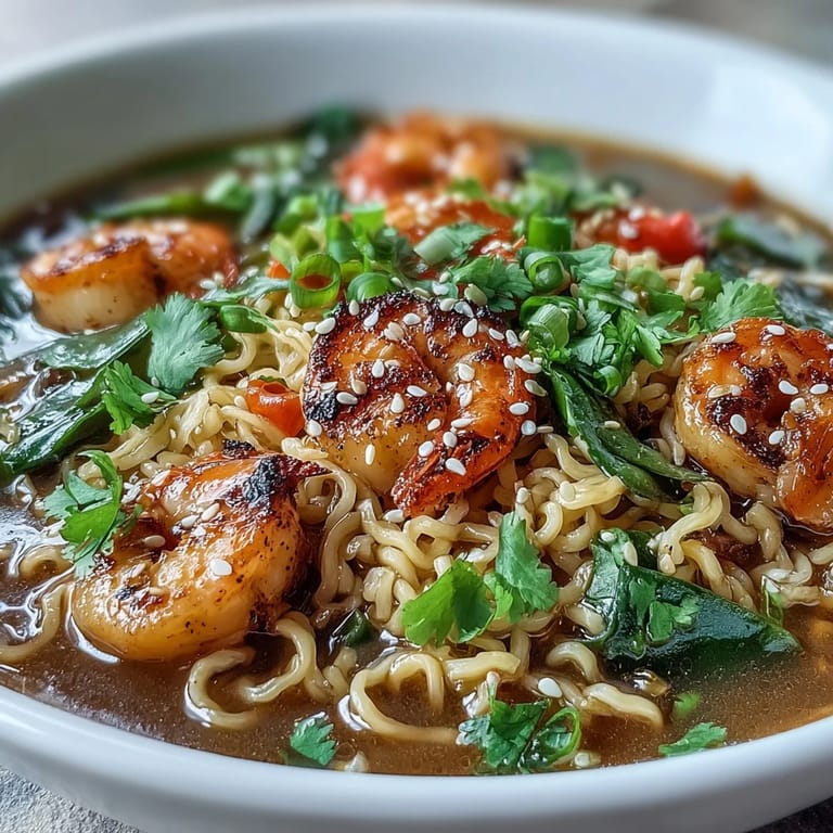 An overhead shot of an Asian Noodle Bowl with Shrimp and Scallops, featuring bok choy and colorful veggies.