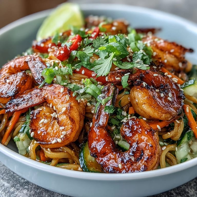 A close-up of the 15-Minute Asian Noodle Bowl highlights glossy sesame sauce on noodles and lime wedges.