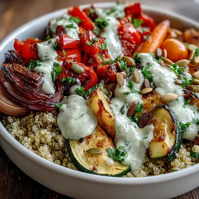 Colorful sheet pan roasted vegetables and quinoa in a white bowl, topped with parsley and toasted pumpkin seeds for a wholesome vegan dinner.