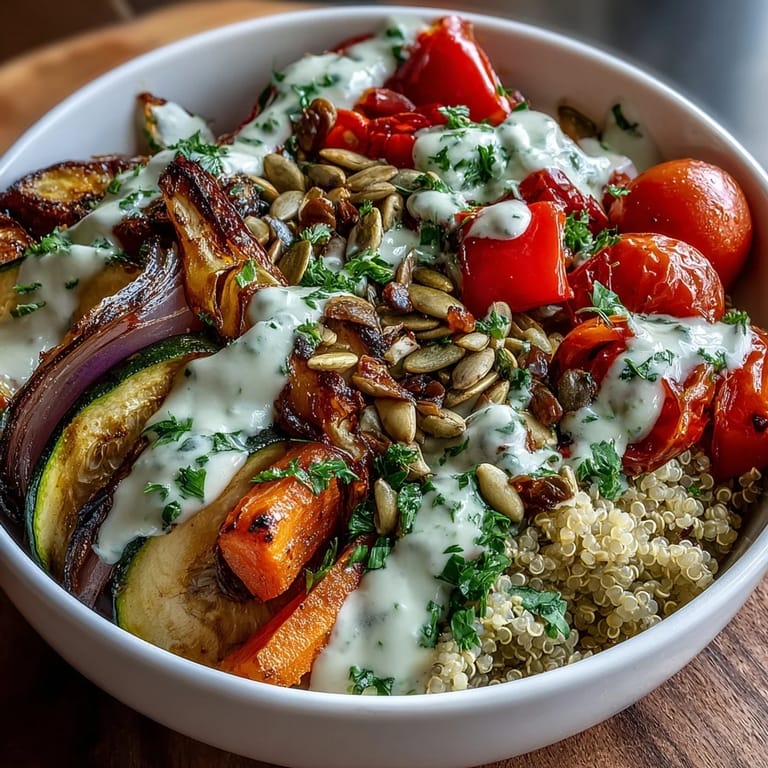 An overhead view of the Mediterranean-inspired Roasted Vegetable Quinoa Bowl, highlighting roasted cherry tomatoes and carrots with a generous tahini drizzle.