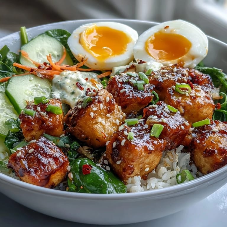A vibrant bowl of Tofu Jammy Egg Breakfast Bowl with fresh greens, carrots, and warm jasmine rice ready to eat.