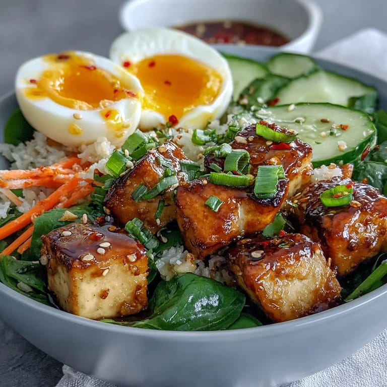 Steaming Tofu Jammy Egg Breakfast Bowl served in a ceramic bowl, garnished with sesame seeds and cilantro for breakfast.