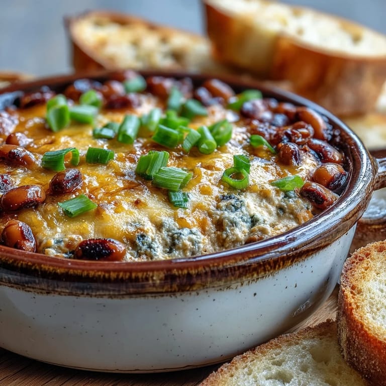 A creamy and cheesy Hot Black-Eyed Pea Dip garnished with green onions and red bell peppers, ready for a party spread.