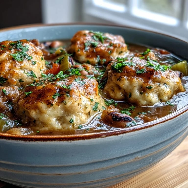 Golden cornmeal and buttermilk dumplings rising atop a bubbling pot of savory Black-Eyed Peas and Sausage Dumplings.