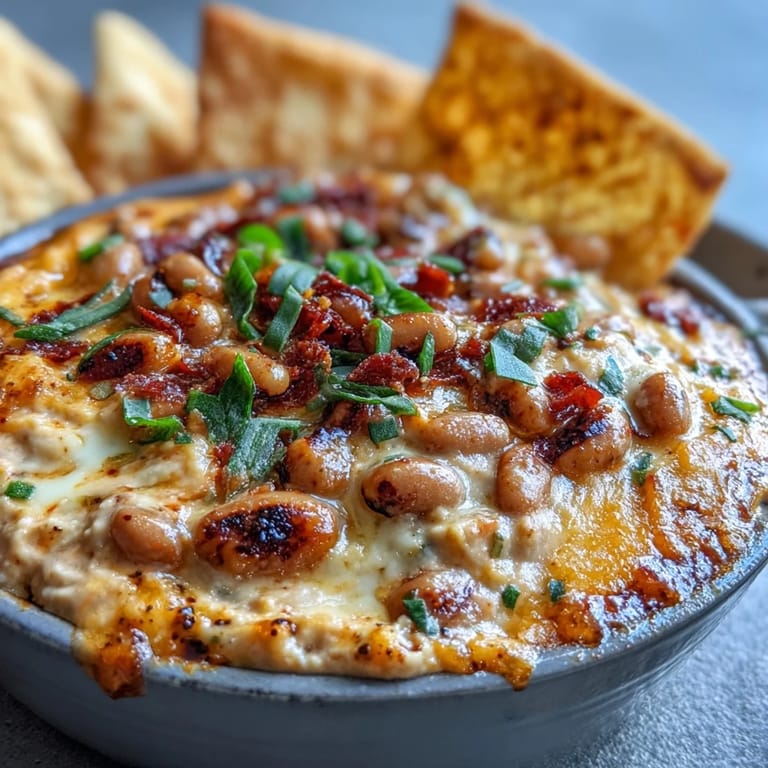 Warm Hot Black-Eyed Pea Dip with Jalapeño and Cumin served with crunchy tortilla chips and fresh garnish.
