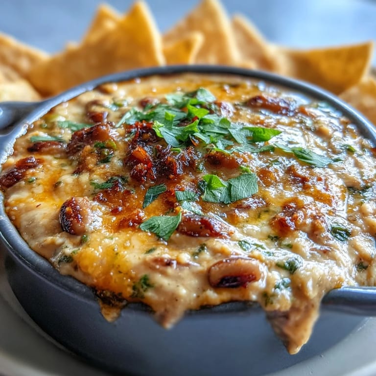 Golden-brown Hot Black-Eyed Pea Dip with Jalapeño and Cumin topped with cilantro, a Southern party appetizer.