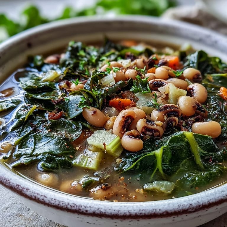 Close-up of simmering Black-Eyed Peas With Collard Greens, with visible pieces of smoked ham and diced aromatics in a Dutch oven.