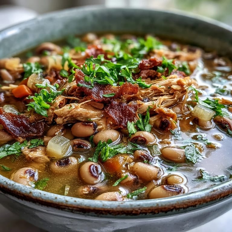 Black-Eyed Peas With Smoked Turkey simmering in a Dutch oven, featuring tender peas, carrots, celery, and shredded smoked turkey meat.
