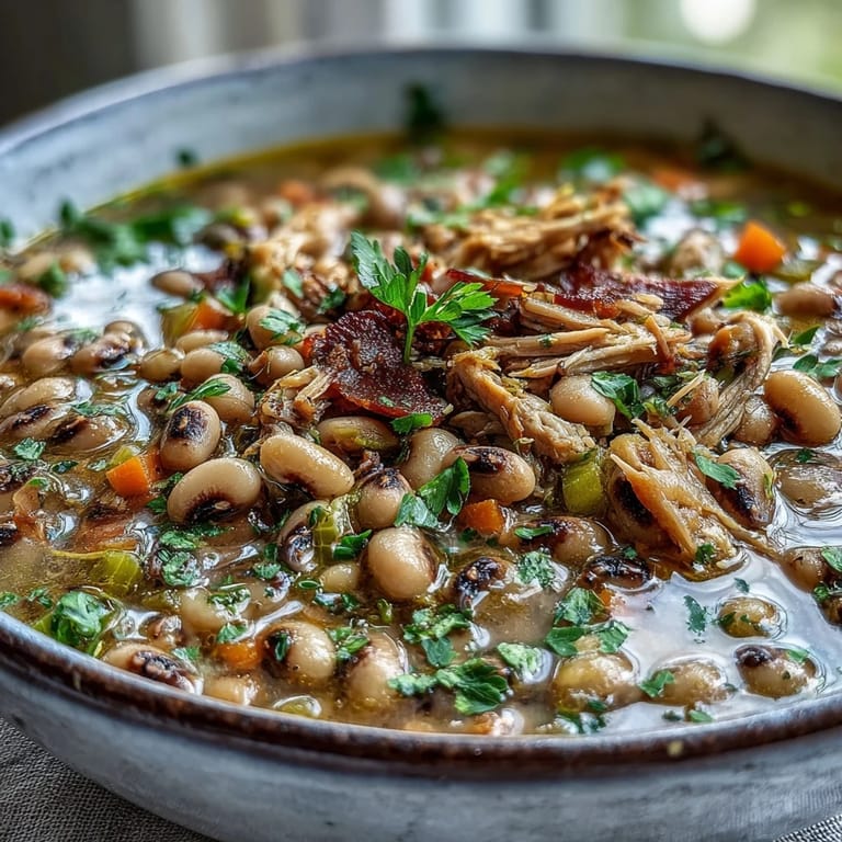 Close-up of Black-Eyed Peas With Smoked Turkey, highlighting the savory broth, bay leaf, and hearty texture of the legumes.