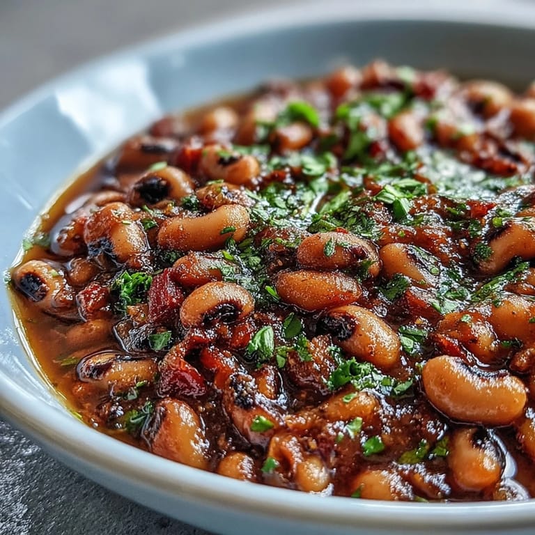 Tender Greek-Style Black-Eyed Peas simmered in a rich tomato broth, served hot with lemon wedges and a sprinkle of feta.