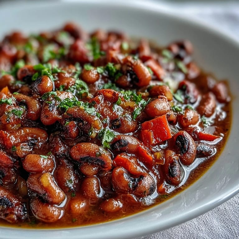 A hearty bowl of Greek-Style Black-Eyed Peas with olive oil and paprika, ready to serve with crusty bread.
