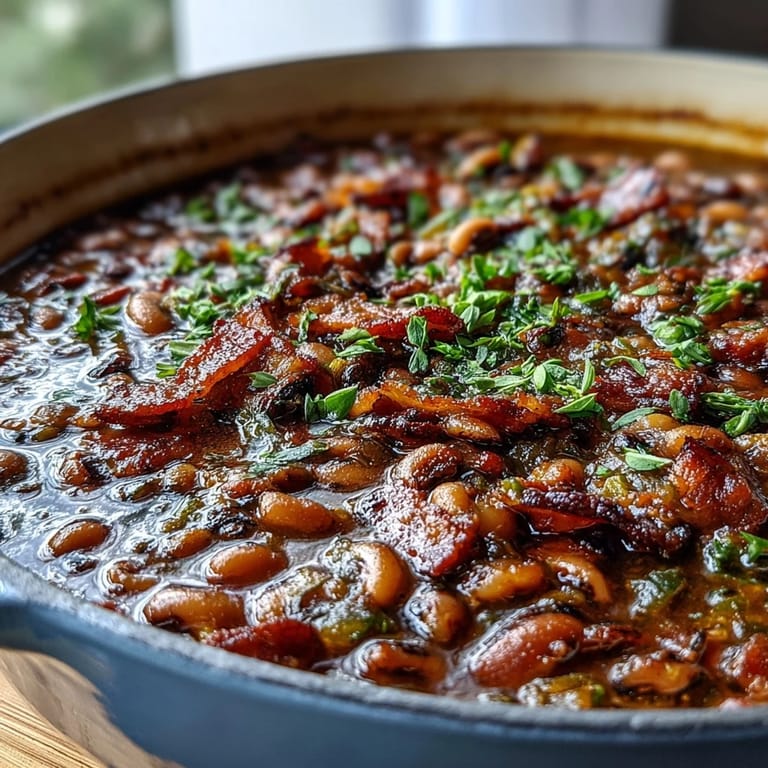 A close-up view of Texas Black-Eyed Peas in a Dutch oven, revealing creamy peas and spicy jalapeños.