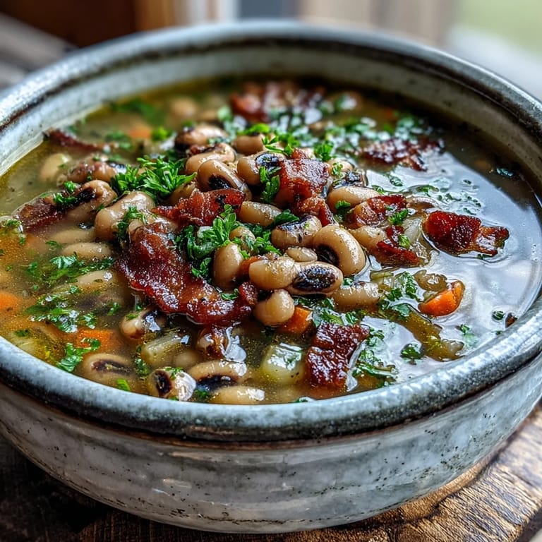 A spoon dipping into a cozy bowl of Black-Eyed Peas and Bacon Soup served alongside a wedge of golden cornbread.