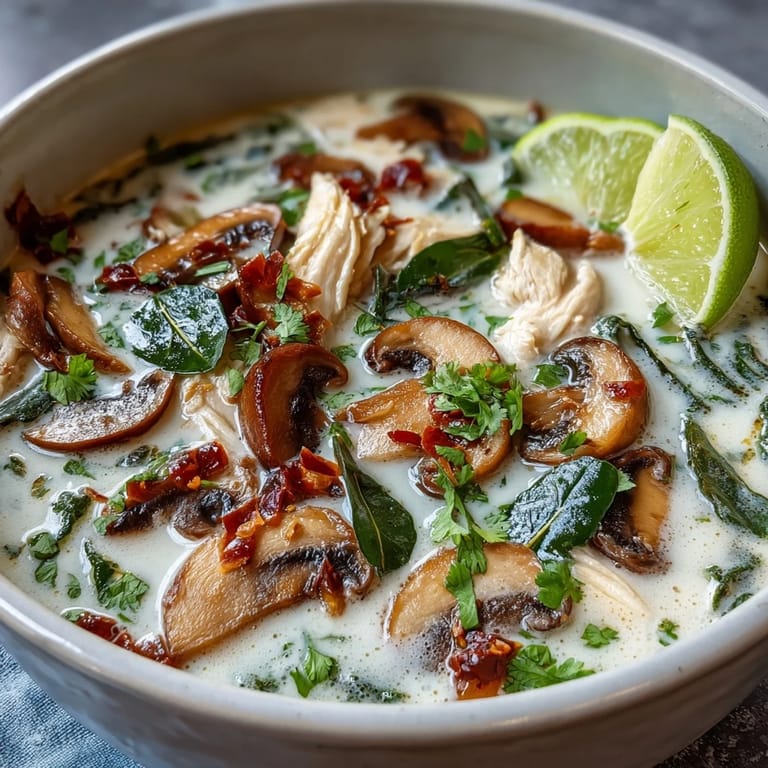 Healthy Tom Kha Soup served in a white bowl, garnished with cilantro and a lime wedge.