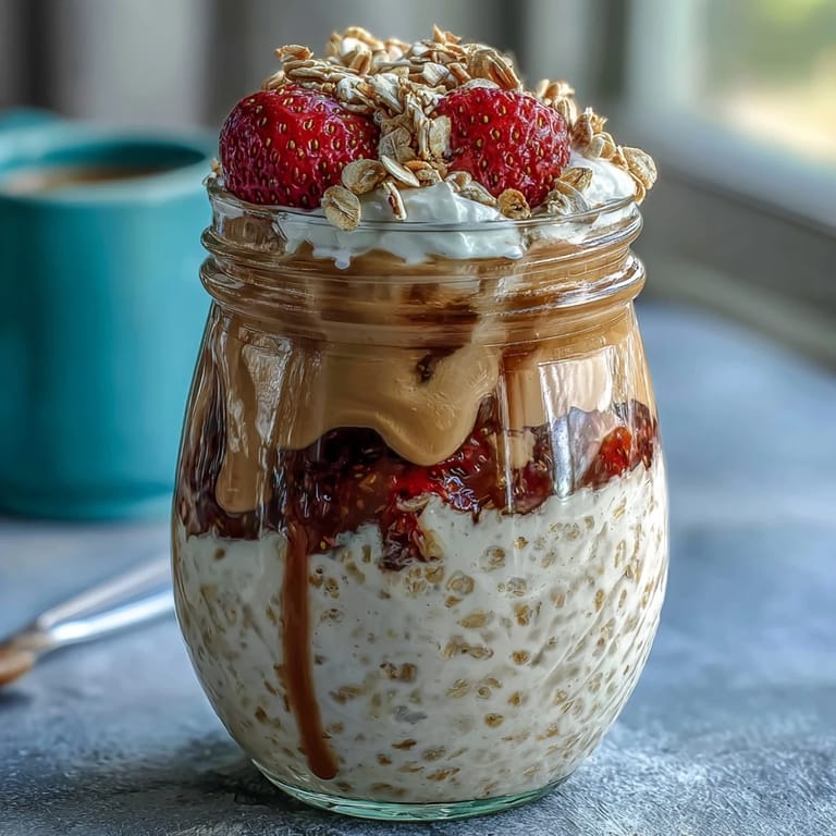 A bowl of strawberry chia overnight oats, topped with sliced berries and nuts, perfect for a quick and healthy morning meal.