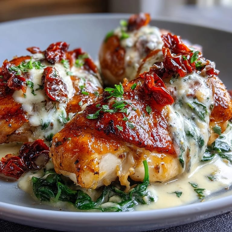 A one-pan Creamy Tuscan Chicken Skillet featuring golden chicken breasts in a luscious Parmesan cream sauce with vibrant spinach.
