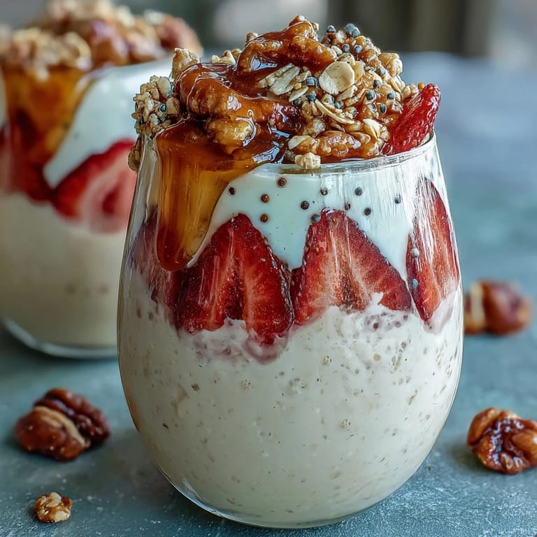 Strawberry chia overnight oats topped with fresh berries and golden granola for a nutritious start.