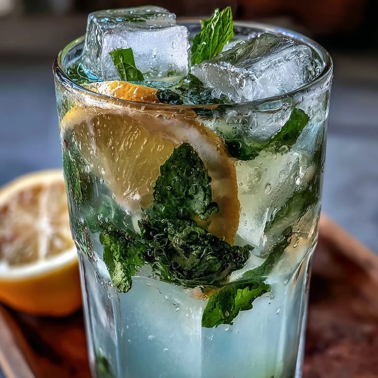 Refreshing lavender lemonade with vibrant yellow lemon slices, fresh green mint leaves, and a delicate lavender sprig, perfectly chilled and ready to sip.