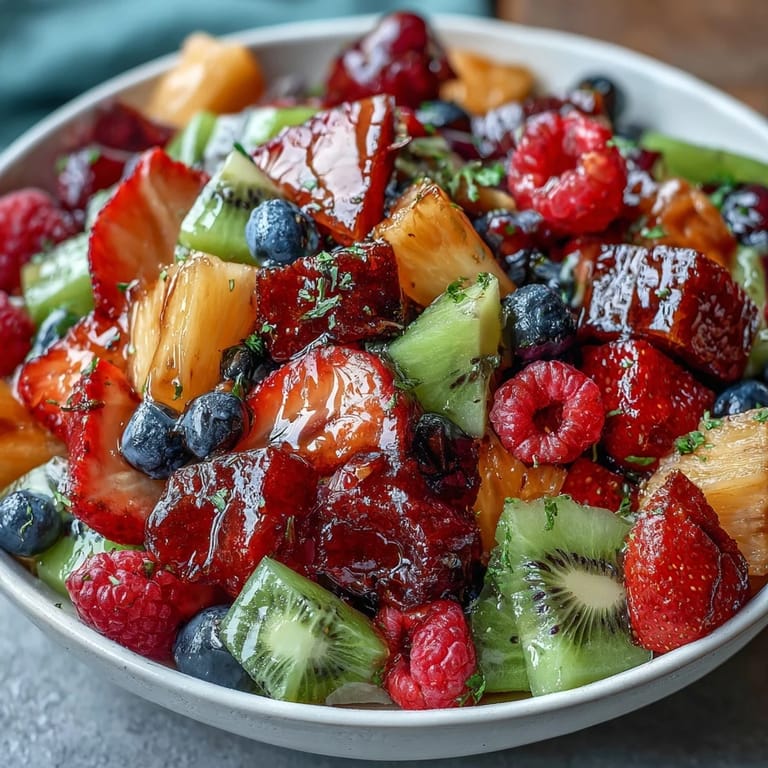 Colorful bowl of strawberry lemonade fruit salad featuring ripe berries, crisp grapes, and tropical pineapple, tossed in homemade lemonade syrup.