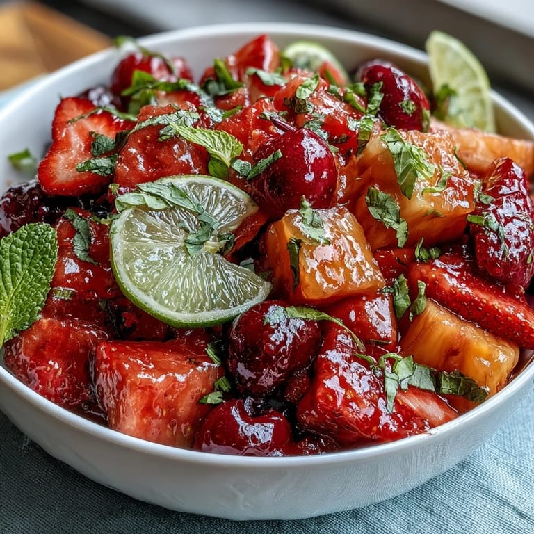 Vibrant strawberry lemonade fruit salad served chilled, combining fresh strawberries, blueberries, and watermelon with bright citrus dressing and mint garnish.