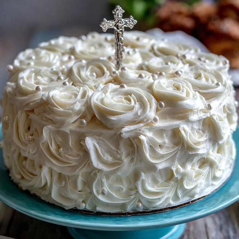 Beautiful First Communion cake featuring tender vanilla layers, smooth buttercream, and a stunning cross topper, ideal for honoring the occasion