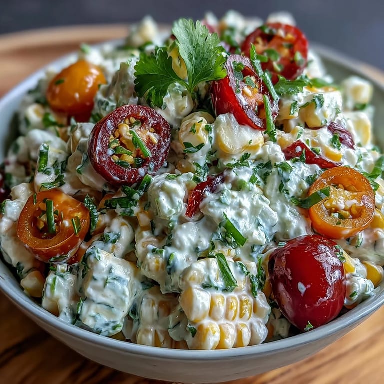 A vibrant bowl of Creamy Corn Salad with Jalapeño features crisp vegetables, fresh herbs, and a tangy lime-cumin dressing.