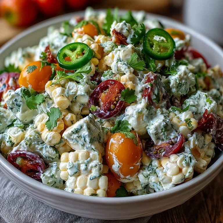 Creamy Corn Salad with Jalapeño combines juicy corn, diced peppers, and spicy jalapeño for a cool, refreshing picnic favorite.