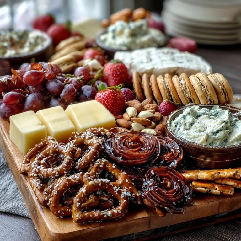 Vibrant party snack board featuring chocolate pretzels, berries, and savory meats, a delightful spread for festive celebrations.