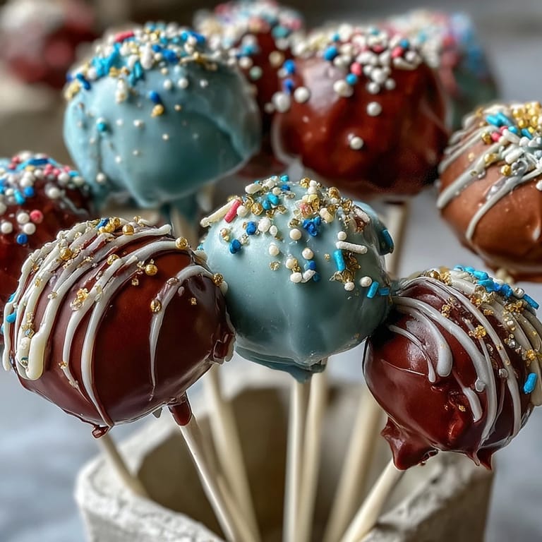 School spirit cake pops in team colors, coated with candy melts and topped with glittering gold sprinkles.
