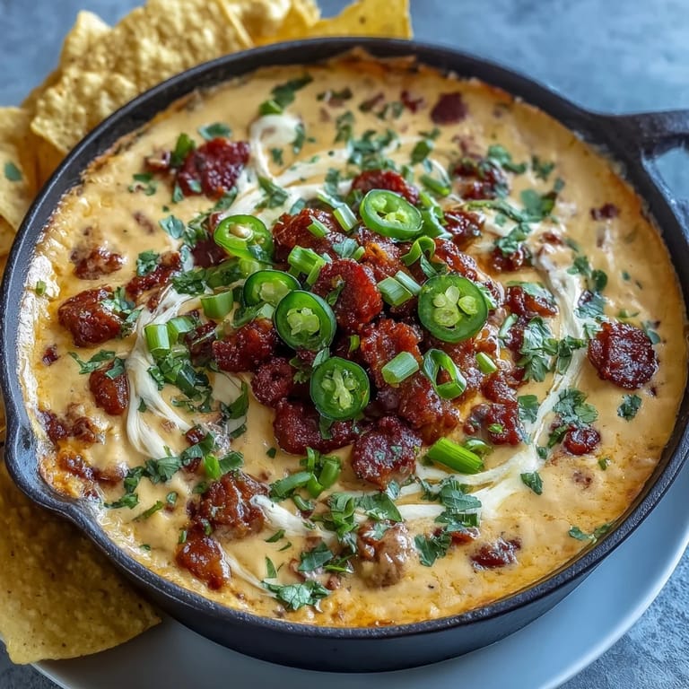 Festive Mexican queso dip loaded with spicy chorizo, fresh pico de gallo, and jalapeños, perfect for sharing at parties.