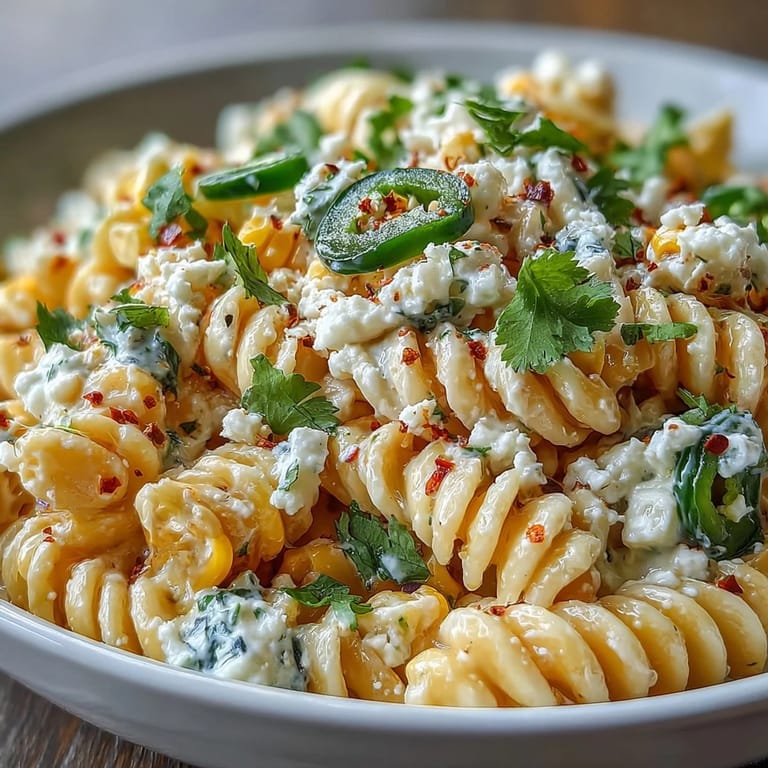 Colorful elote corn pasta with smoky paprika, chili-seasoned dressing, and fresh cilantro, topped with crumbled Cotija cheese.