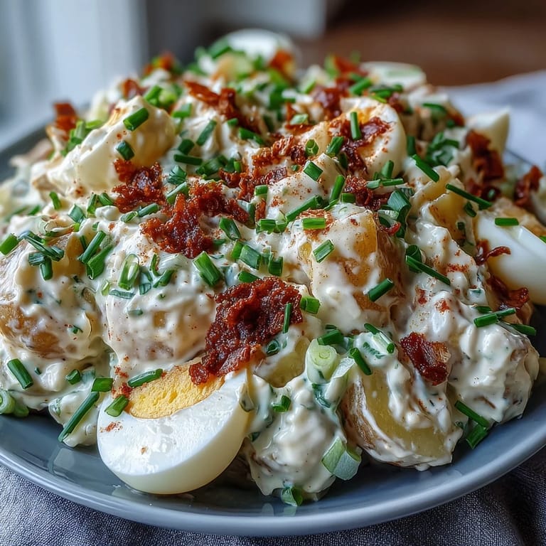 A vibrant bowl of classic deviled egg potato salad, combining tangy mustard, hard-boiled eggs, and crisp celery for a hearty side dish.