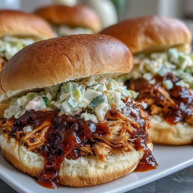 Savory pulled BBQ chicken slow-cooked to perfection, layered on buns with creamy coleslaw for a satisfying meal.