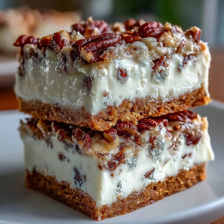 Decadent carrot cake cheesecake bars with a rich marbled swirl, perfect for dessert lovers.