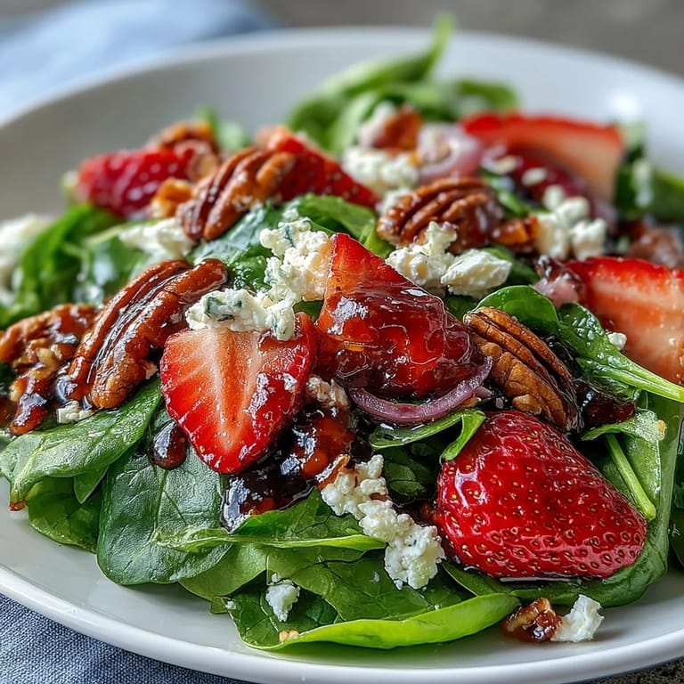 Light and refreshing strawberry spinach salad featuring ripe berries, creamy goat cheese, and sweet candied pecans for a perfect spring side.