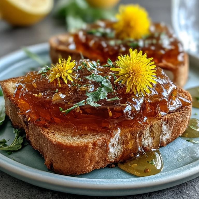 Floral dandelion jelly infused with zesty lemon and sweet honey, perfect for topping scones or biscuits.