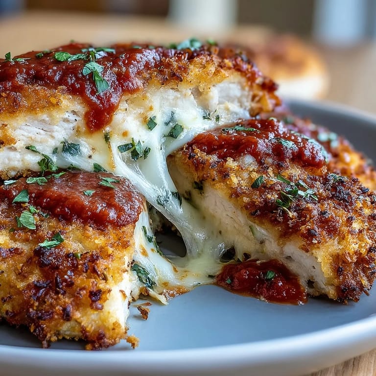 Crispy, tender Air Fryer Chicken Parmesan topped with fresh basil goodness.