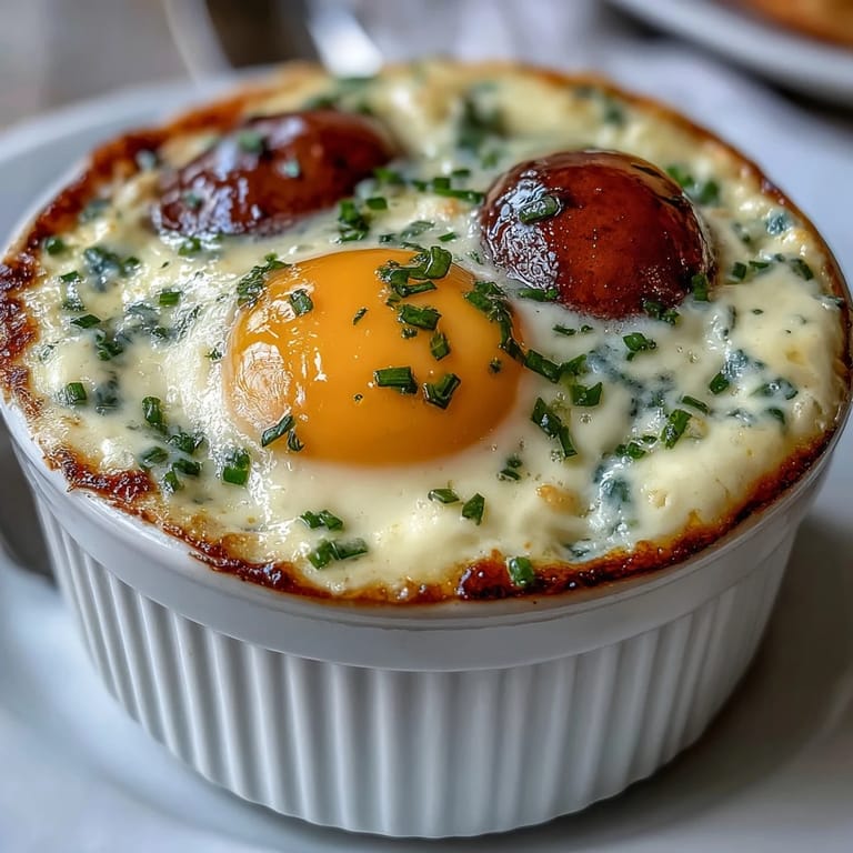 Tender Easter Eggs en Cocotte featuring fluffy chives and creamy parmesan, baked beautifully.