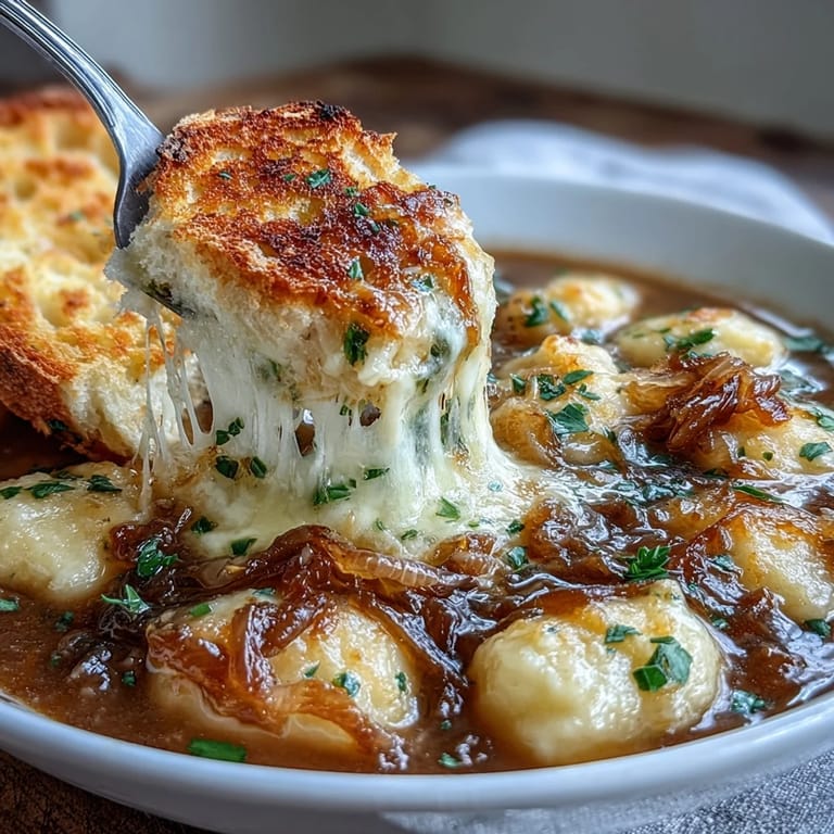Hearty Gnocchi French Onion Soup served bubbling hot with strings of melted cheese.