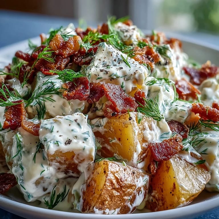 Hearty Memorial Day Potato Salad, studded with irresistible crumbled bacon bites.