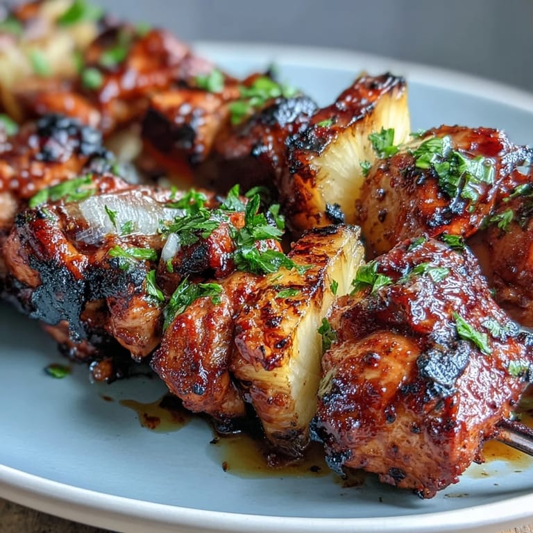 Smoky, tender grilled chicken al pastor skewers, piled high with sweet pineapple chunks.