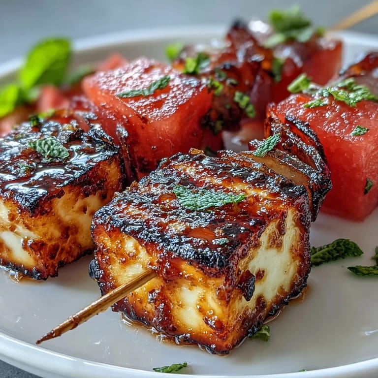 Summer's favorite grilled halloumi skewers, bursting with fresh watermelon and mint.
