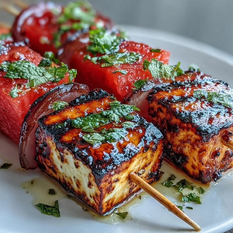 Juicy watermelon meets savory halloumi and mint in colorful grilled skewers.