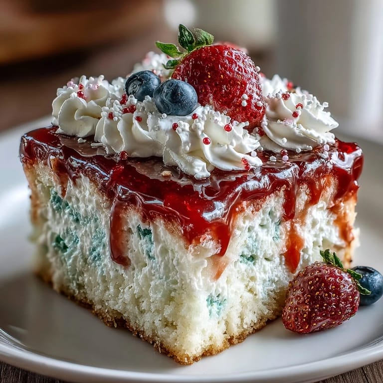 Glistening Memorial Day Red White Blue Poke Cake with patriotic berry swirls and frosting.