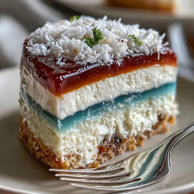 Silky, layered Rainbow Jelly Cake, a dairy-free dessert bursting with colorful fruit flavors.