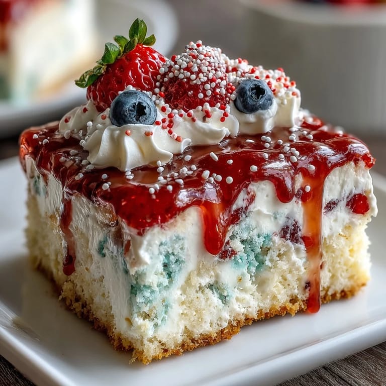 Vibrant Red White Blue Poke Cake dessert, swirled with sweet gelatin, perfect for parties.