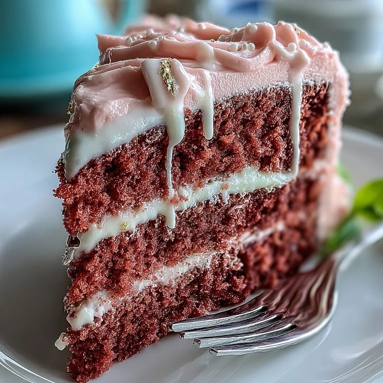 Blush pink rosé velvet cake with gold drip, layered with silky frosting and decorated for a luxurious bridal shower dessert centerpiece.