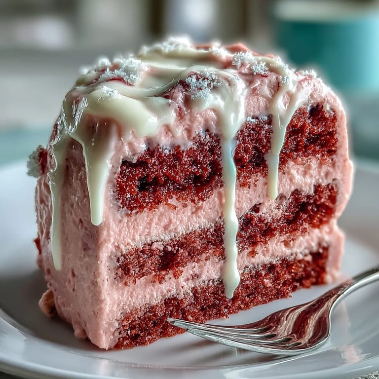 Showstopping rosé velvet cake featuring blush-pink layers, rich cream cheese frosting, and an eye-catching edible gold drip decoration.