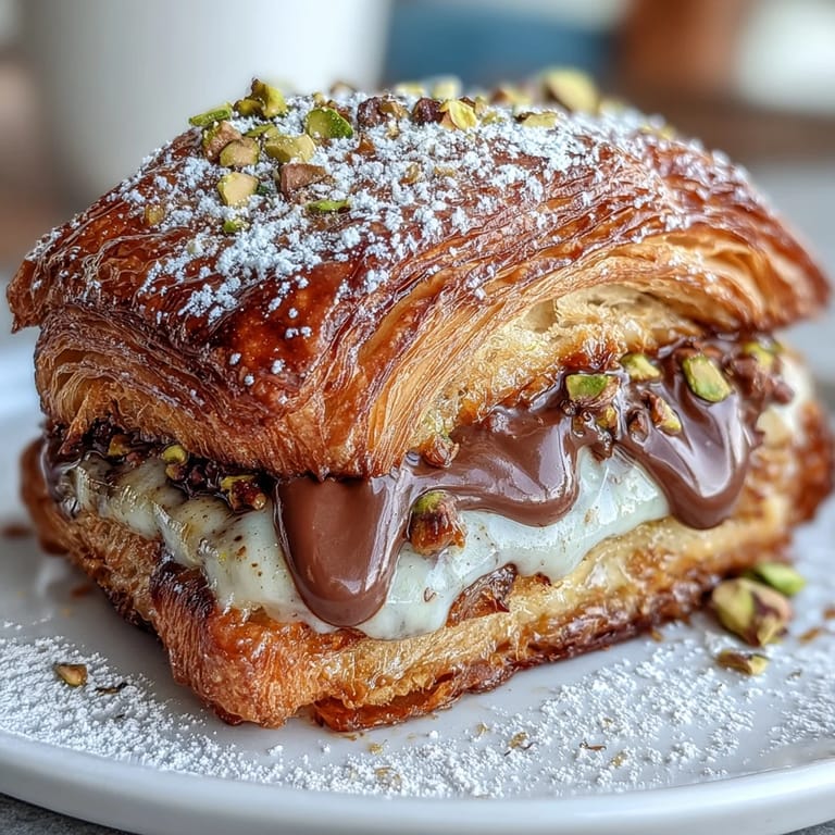 Dubai Chocolate Pistachio Croissant French Toast piled high, dusted with sugar and pistachios.